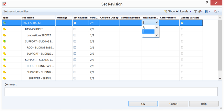Funktionen "Set Revision" används för att sätta revisionen manuellt till det man vill ha, ett sätt att gå runt vad systemet tycker att nästa revision är. Dessutom kan man se till att uppdatera variabeln revision på kortet!