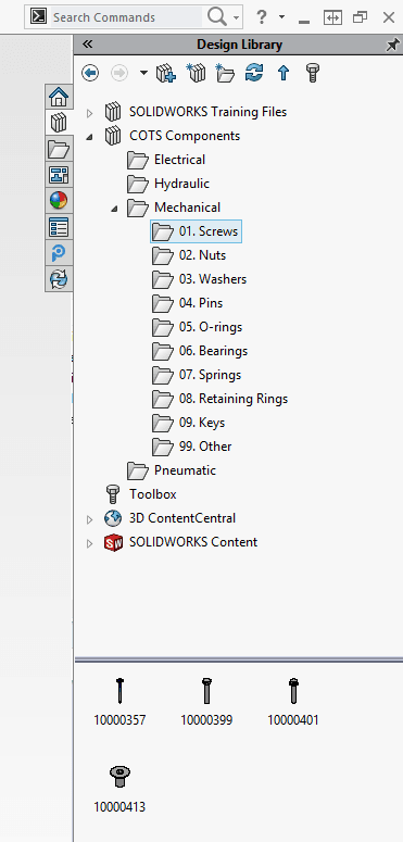 Det är smidigt att ha standardkomponenter som skruvar, muttrar brickor, o-ringar mm i en mappstruktur i PDM:en. Denna ska självklart också alltid finnas lokalt på alla SOLIDWORKS-användares datorer...