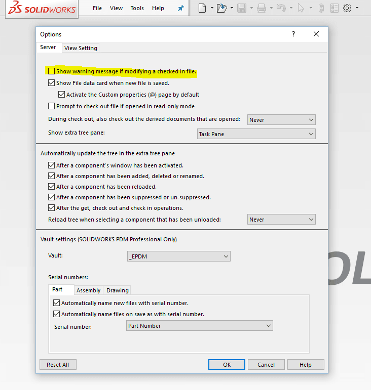 Det går att slå av varningen för att man ändrar på en incheckad fil. I början kan det vara bra att få denna varning som påminner om att checka ut filen så man kan spara sina ändringar men efter ett tag så behövs den inte längre...