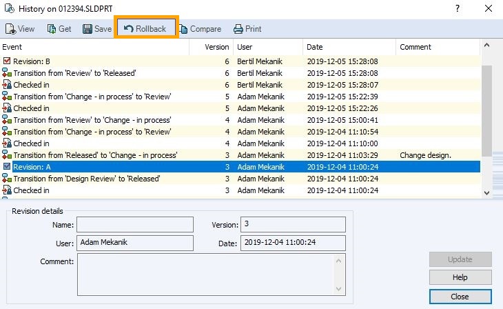 PDM History - Rollback kommando