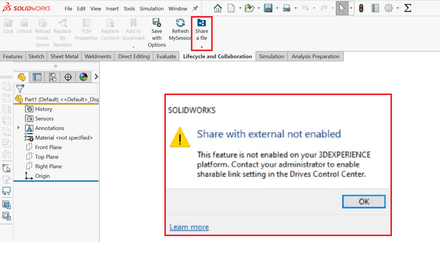 Showing the command share a file in SOLIDWORKS