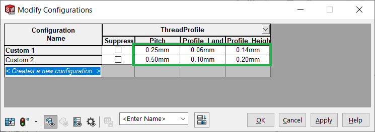 Sätt storlekar för Thread profilen. 