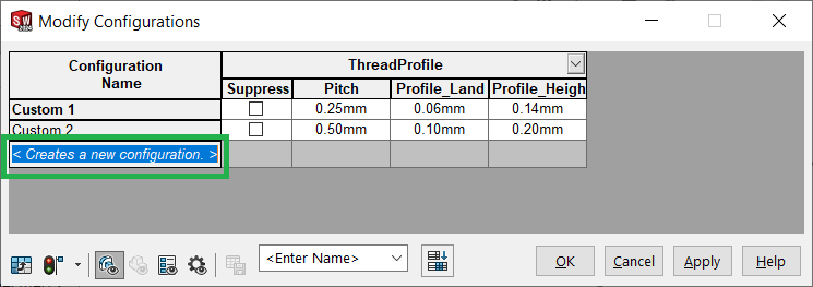 ytterligare storlekar på nya threads läggs till genom creates a new configuration