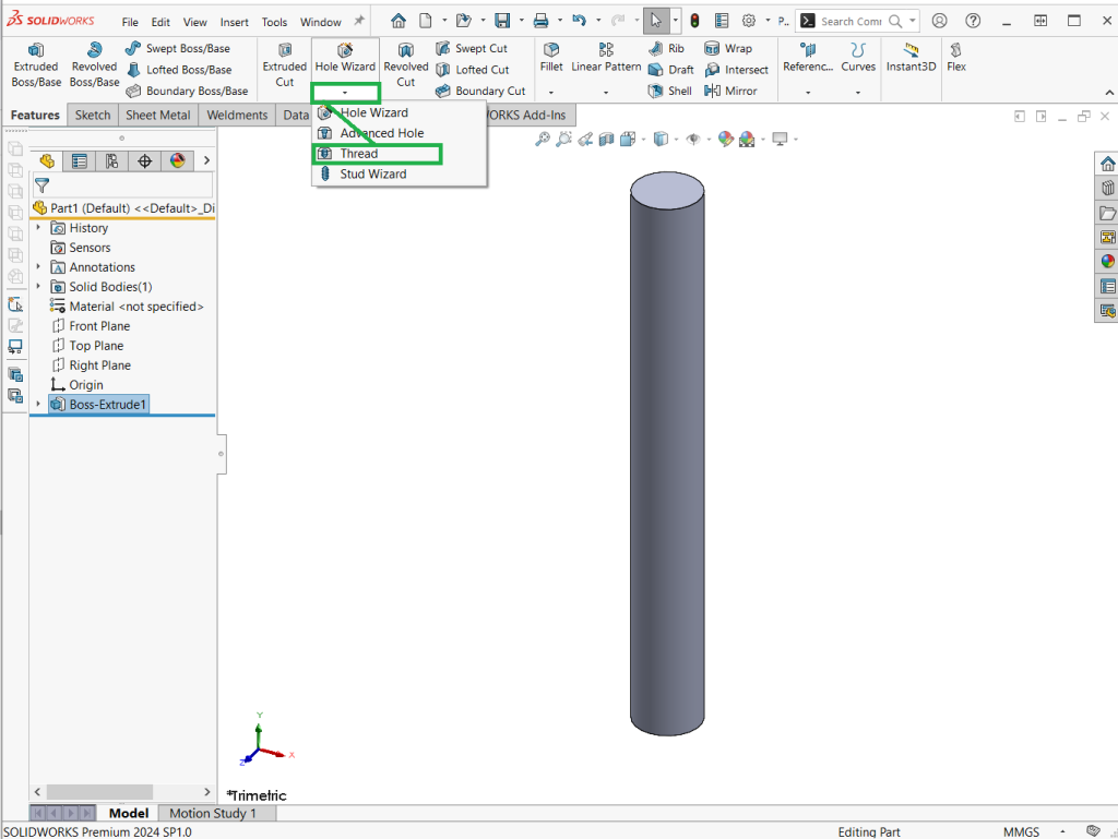 Öppna via hole wizard, här hittar du thread verktyget
