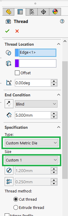 välj den thread du skapat via Type och Size